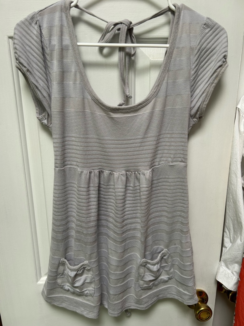 OP Light Gray Striped Scoop Tank w/cap sleeves and ties—at back neck, waist. XL